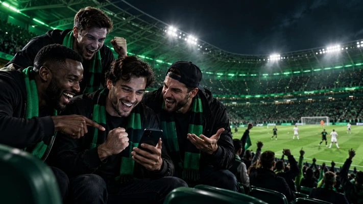 Football fans checking a phone in the stadium stands